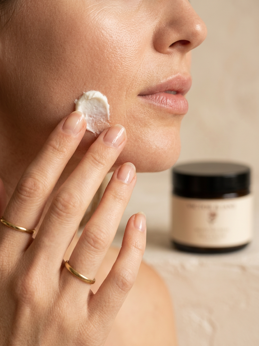 Woman applying cold-pressed natural face cream Victor and Jane skincare ritual